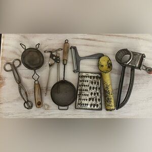 Vintage Kitchen Utensil Lot Ice Cream Scoop Strainers Grater Primitive Farmhouse